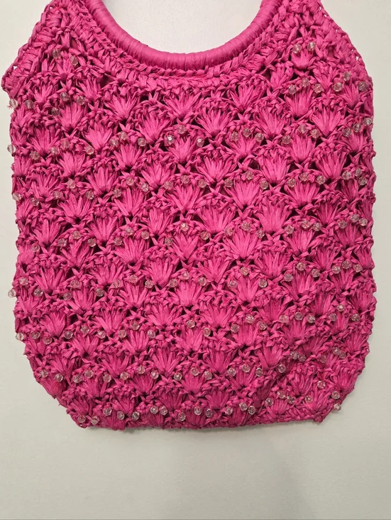 Woven Fuchsia Round-Handle Tote Raffia Bag - Picture 3 of 10